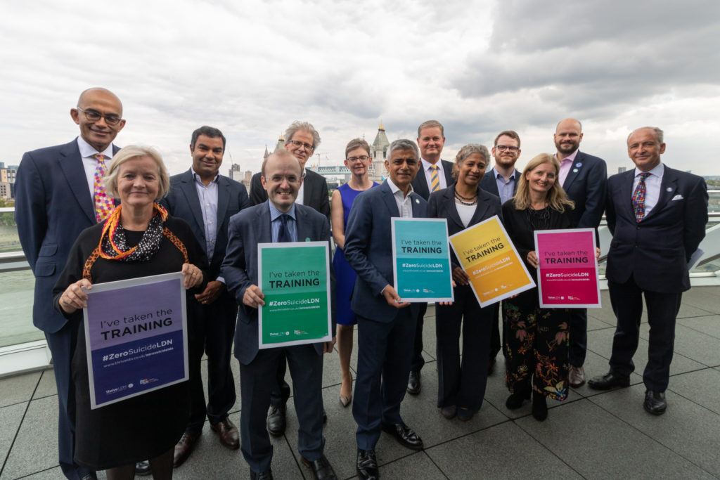 A photo featuring London leaders including the Mayor of London holding poster reading 'I've taken the training' as part of the London Zero Suicide programme.