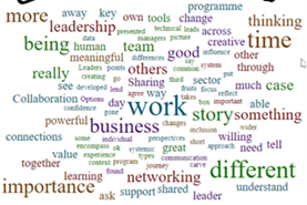 A word cloud of delegate feedback with prominent words "work", "different", "importance" and "time"